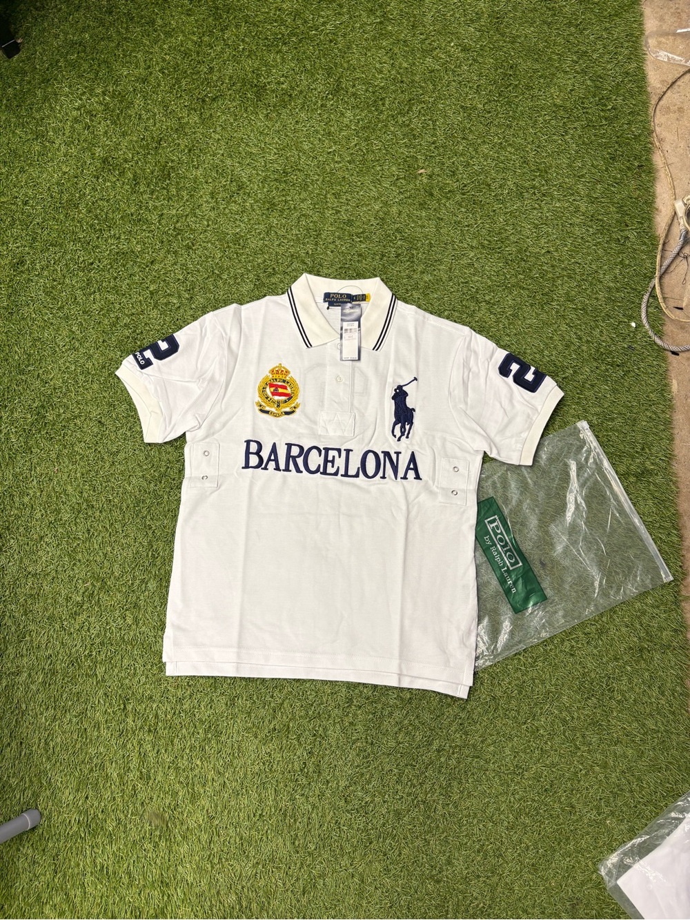 Polo by Ralph Lauren White Barcelona Crest Polo with Navy Accents